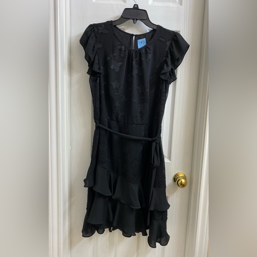 Cece Womens Fit & Flare Dress Black Floral Flutter Sleeve Ruffle Keyhole Size M